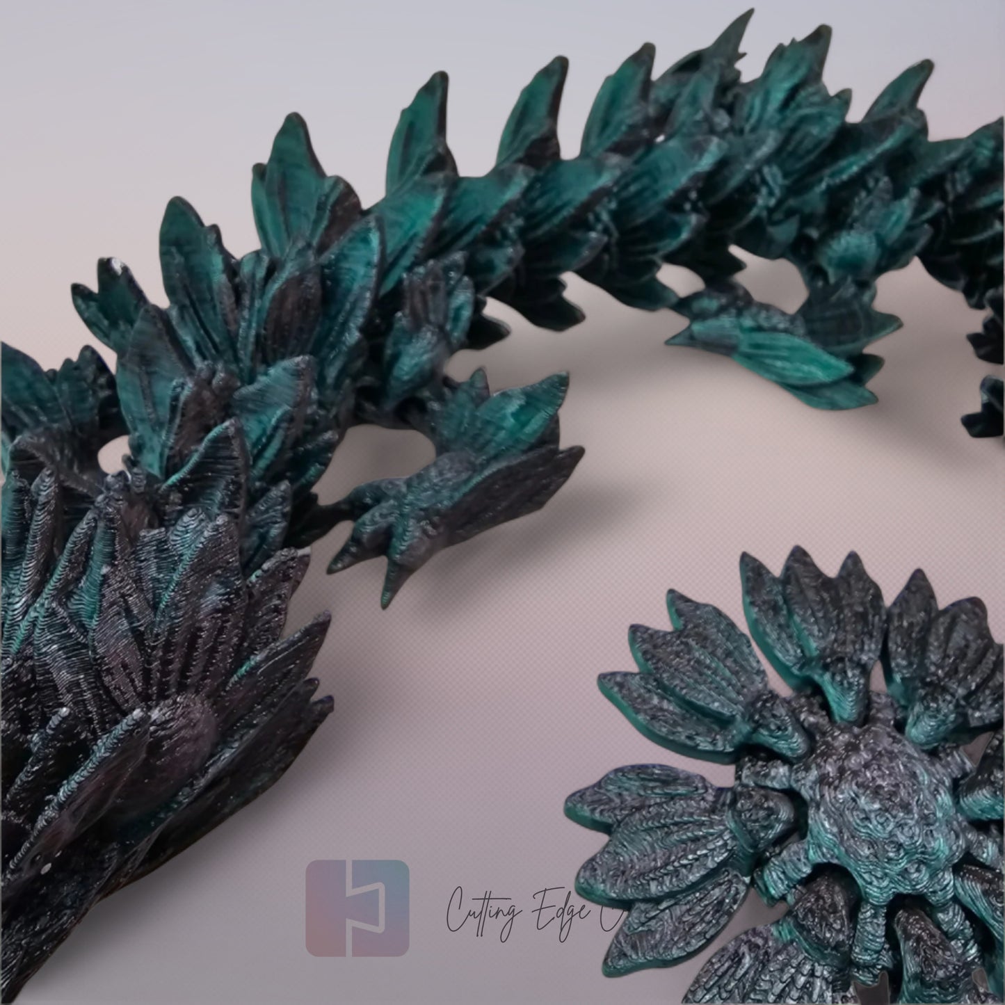 3D printed articulated Sunflower Dragon, flexible toy, handmade in the UK, desk fidget and gift.