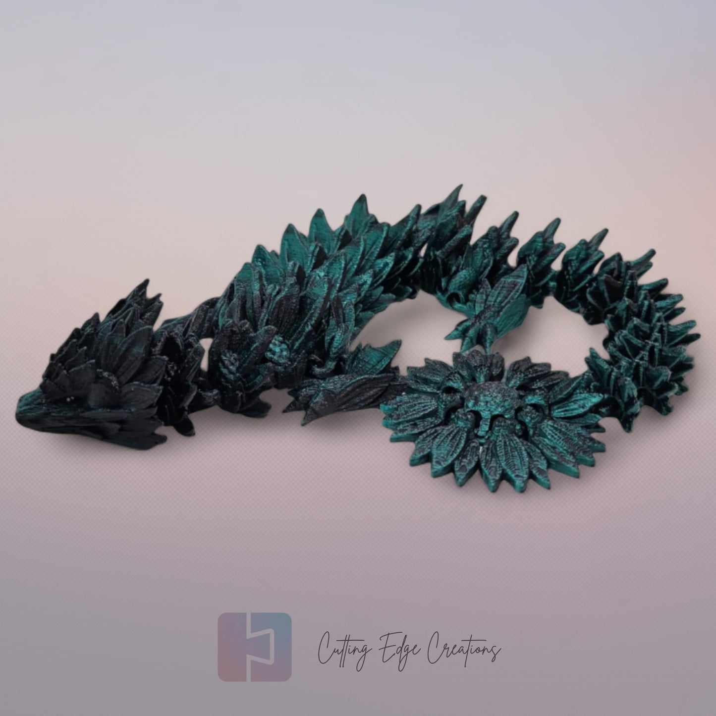 3D printed articulated Sunflower Dragon, flexible toy, handmade in the UK, desk fidget and gift.