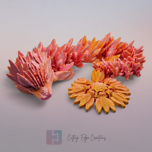 3D printed articulated Sunflower Dragon, flexible toy, handmade in the UK, desk fidget and gift.
