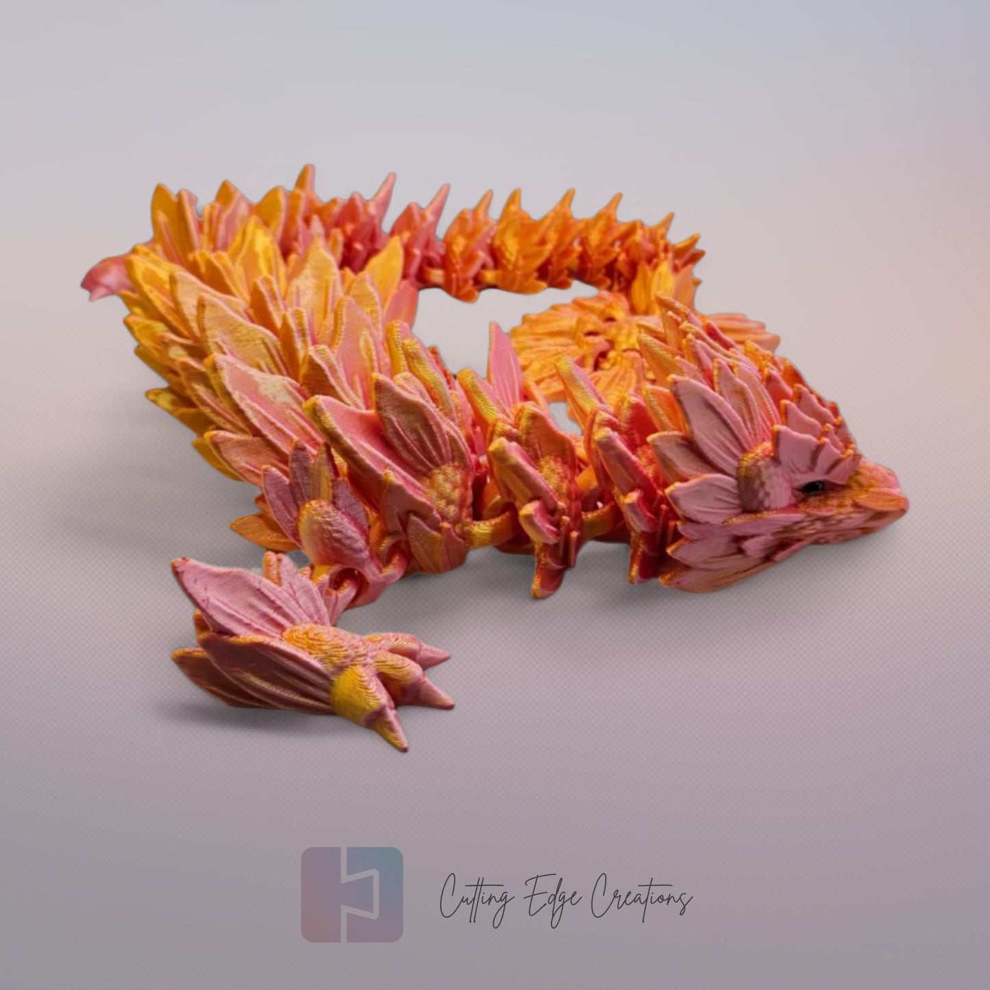 3D printed articulated Sunflower Dragon, flexible toy, handmade in the UK, desk fidget and gift.