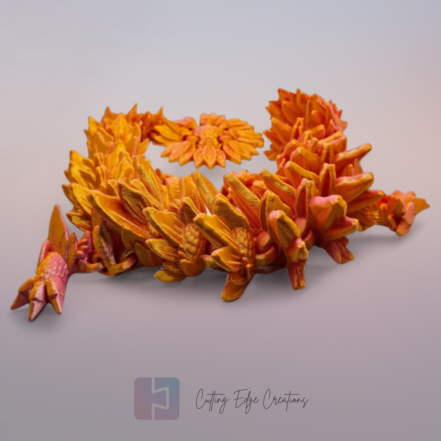 3D printed articulated Sunflower Dragon, flexible toy, handmade in the UK, desk fidget and gift.