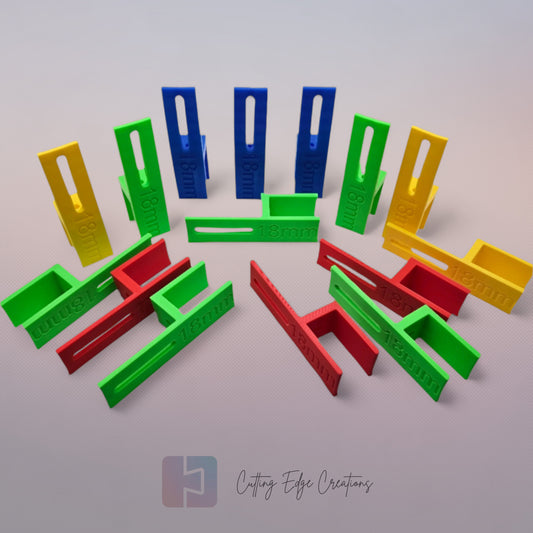 Set of three U Scribe jigs in bright colours for cabinet scribing and panel fitting