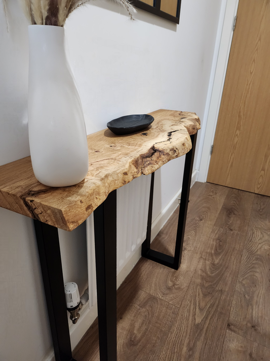 Live Edge Solid Oak Entryway Standard Depth Table with Square Black Legs