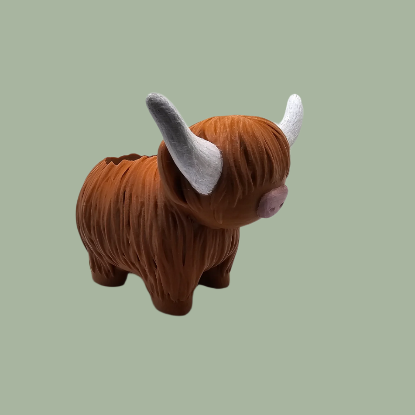 3D printed brown Highland cow planter  with hand painted white horns and pink nose