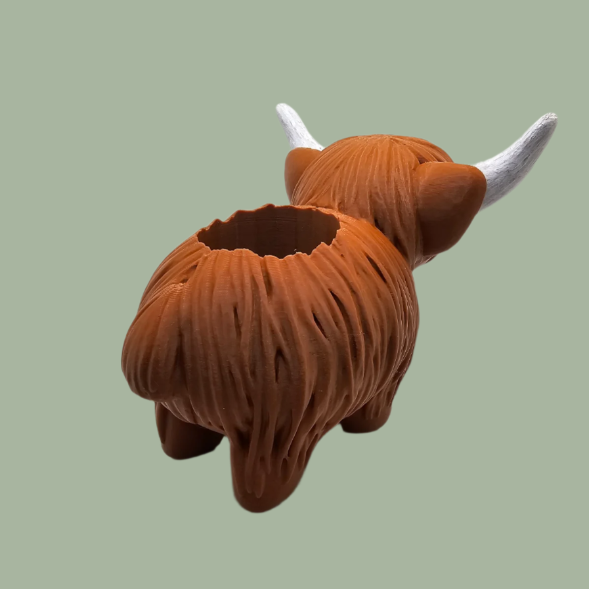 3D printed brown Highland cow planter  with hand painted white horns and pink nose