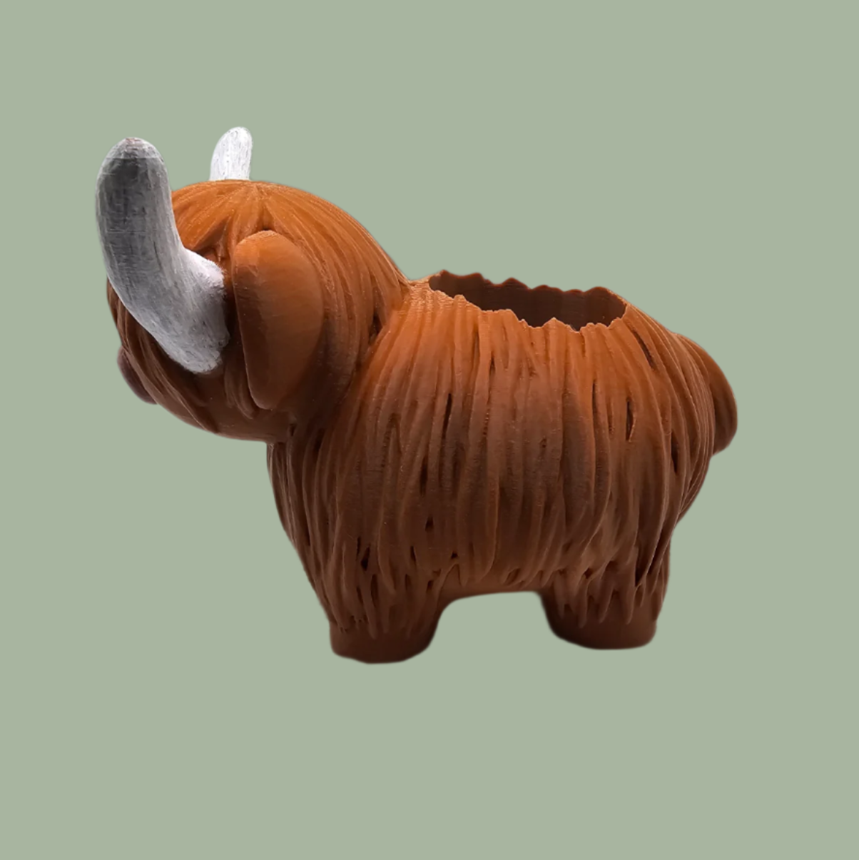 3D printed brown Highland cow planter  with hand painted white horns and pink nose
