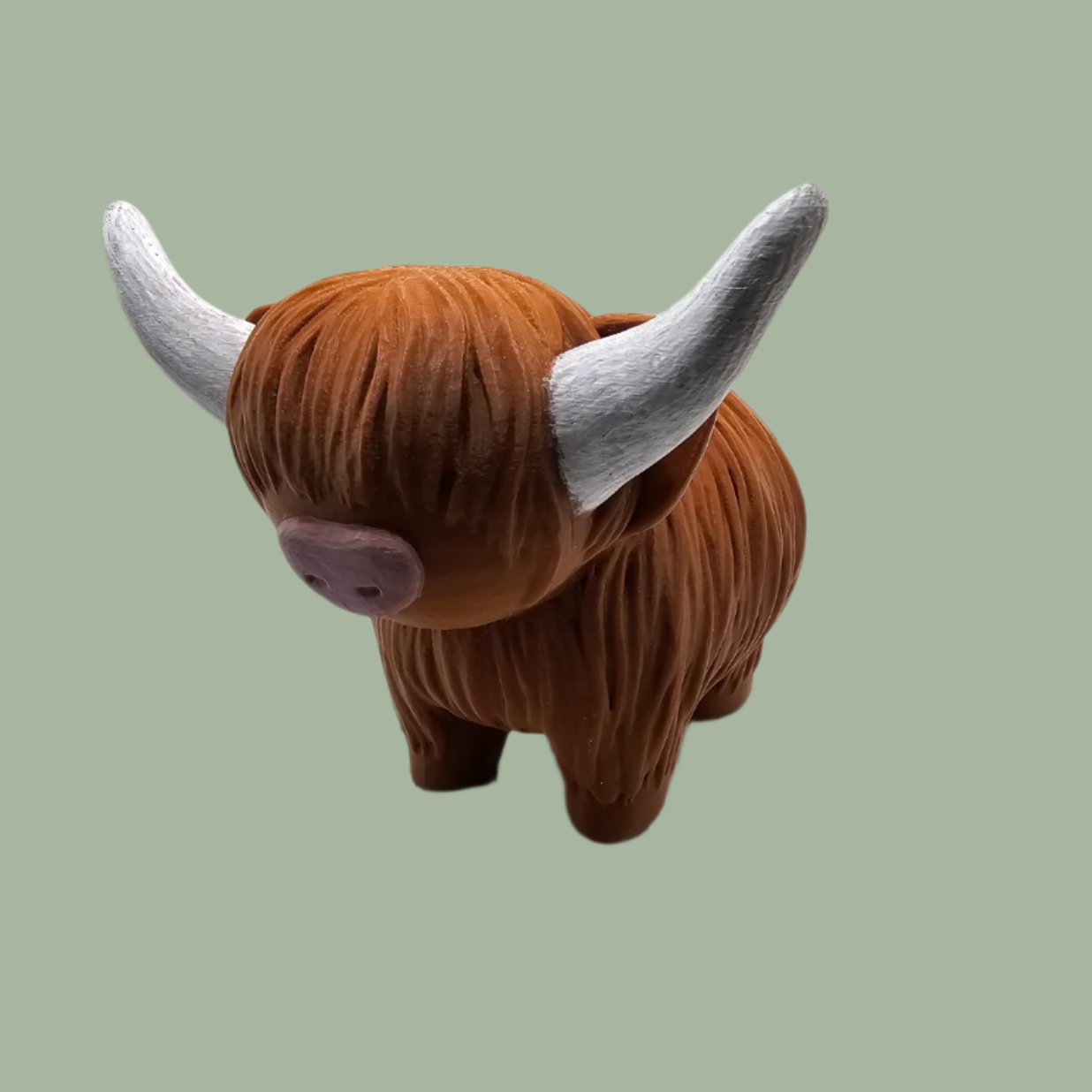 3D printed brown Highland cow planter  with hand painted white horns and pink nose