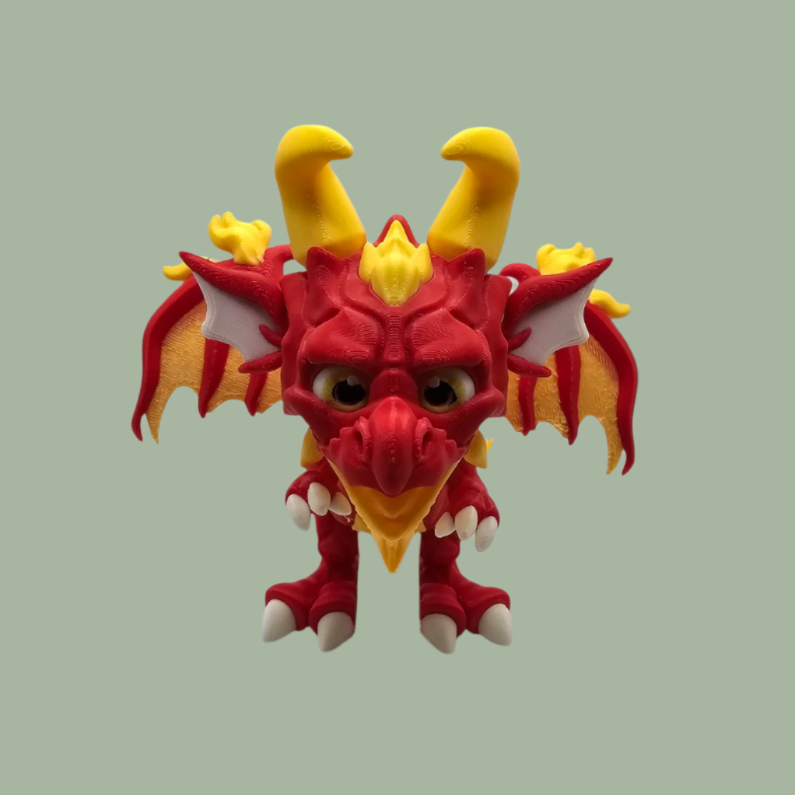 3D printed dragon figurine with fixed wings with red and yellow flame details
