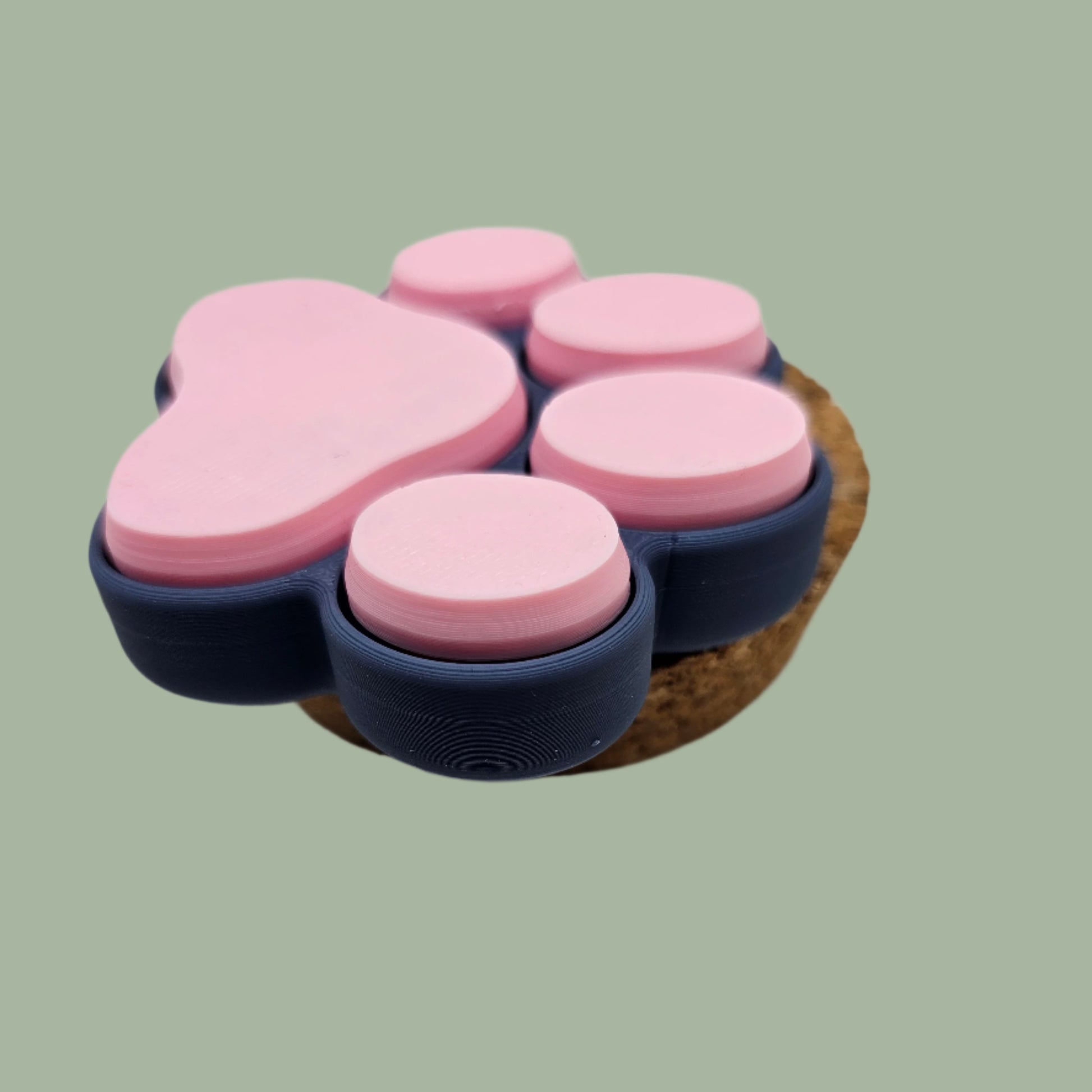 3D printed cat paw with 5 clickable buttons in a random pastel colour