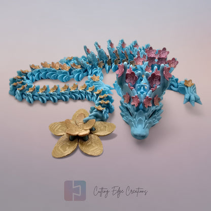 3D printed articulated Cherry Blossom Dragon, flexible toy, handmade in the UK, desk fidget and gift.