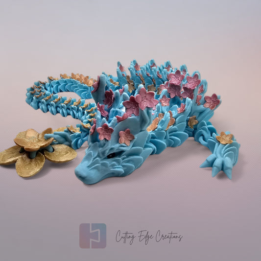 3D printed articulated Cherry Blossom Dragon, flexible toy, handmade in the UK, desk fidget and gift.