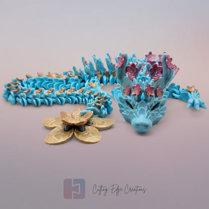 3D printed articulated Cherry Blossom Dragon, flexible toy, handmade in the UK, desk fidget and gift.