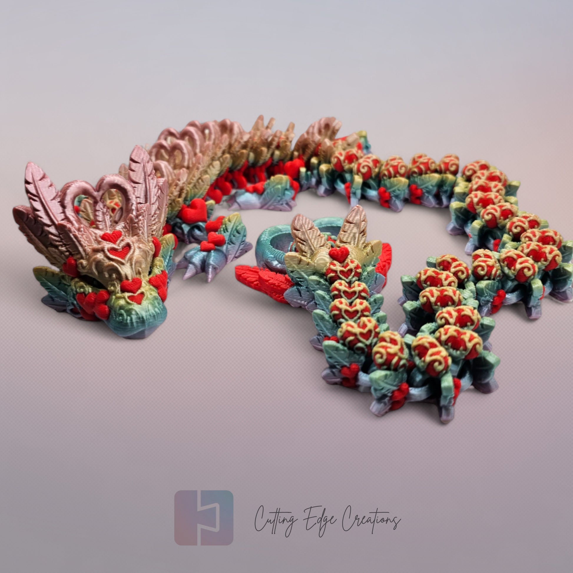3D printed articulated Heart Dragon, flexible toy, handmade in the UK, desk fidget and gift.