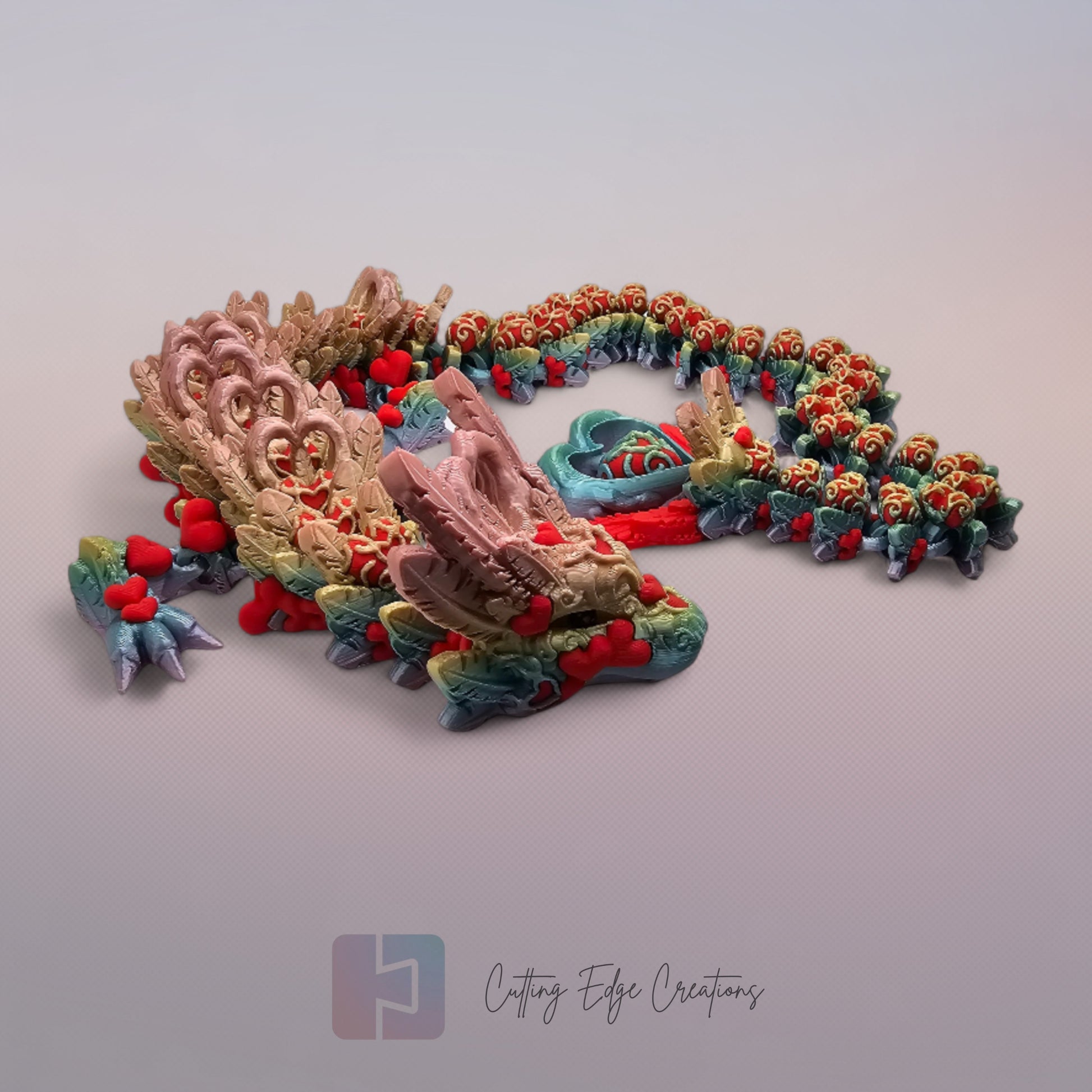 3D printed articulated Heart Dragon, flexible toy, handmade in the UK, desk fidget and gift.