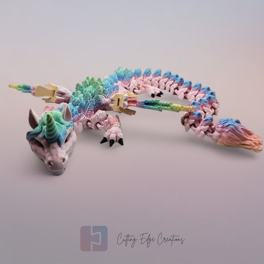 3D printed articulated Unicorn Dragon, flexible toy, handmade in the UK, desk fidget and gift.