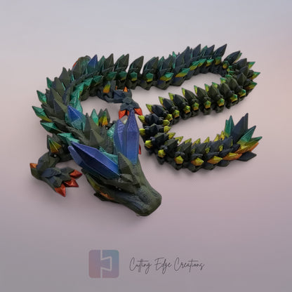 3D printed articulated Crystal Dragon V2, flexible toy, handmade in the UK, desk fidget and gift.