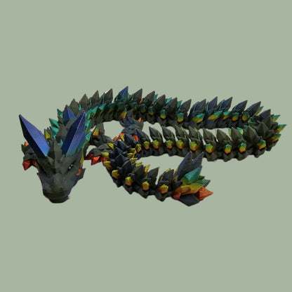 3D printed crystal style dragon in green with rainbow detail along the body