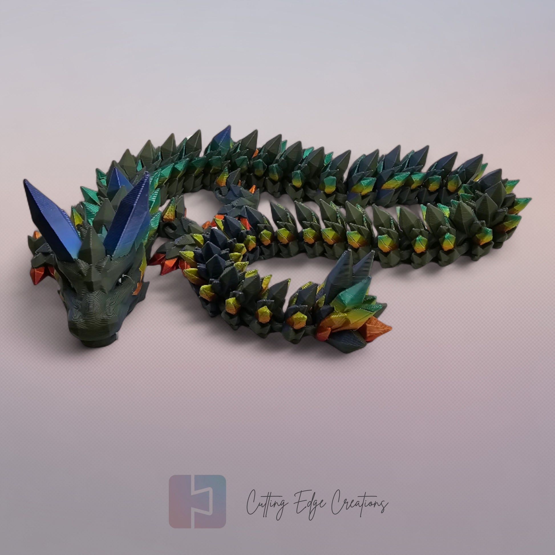 3D printed articulated Crystal Dragon V2, flexible toy, handmade in the UK, desk fidget and gift.