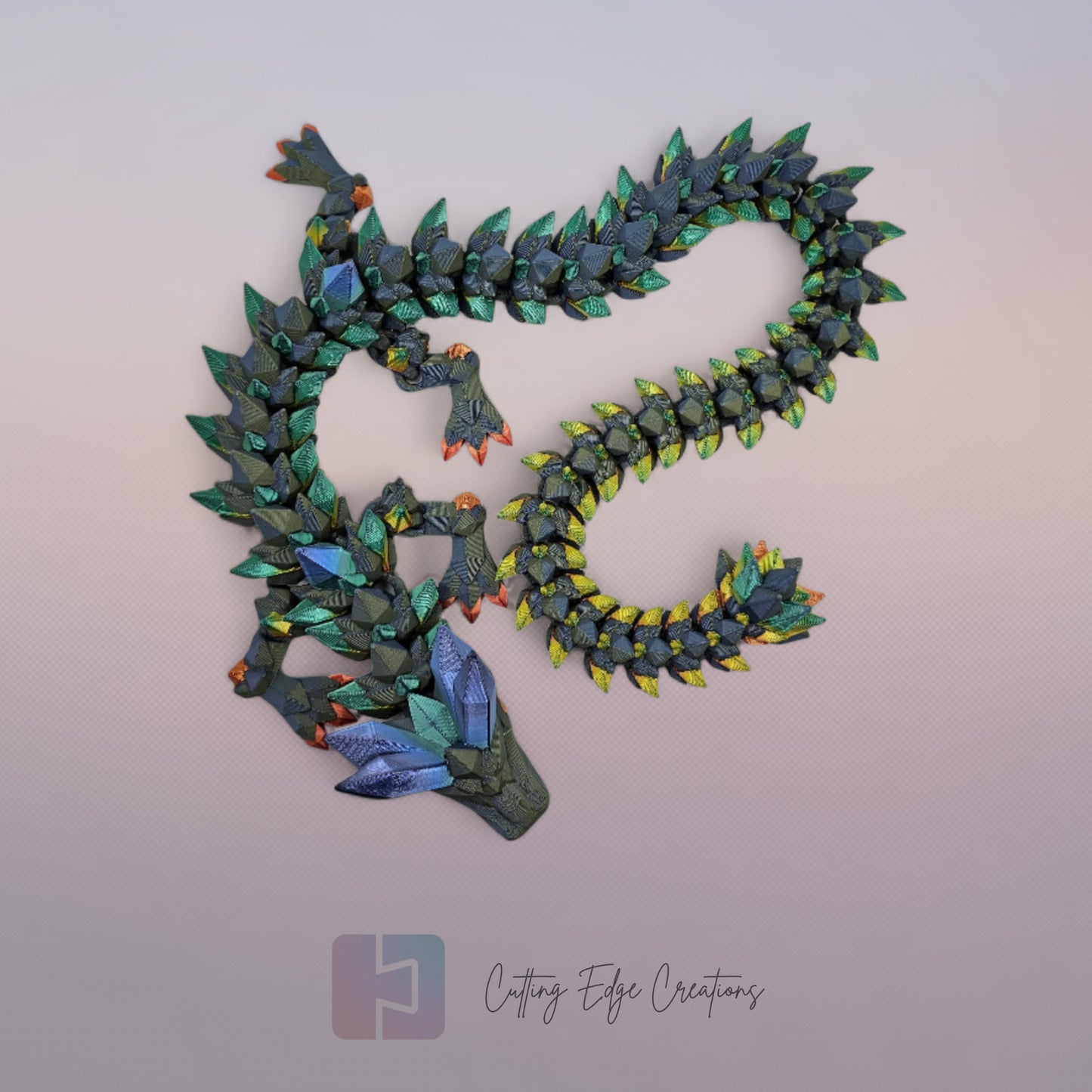3D printed articulated Crystal Dragon V2, flexible toy, handmade in the UK, desk fidget and gift.