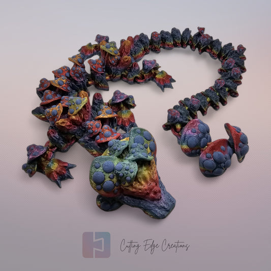 3D printed articulated Mushroom Dragon, flexible toy, handmade in the UK, desk fidget and gift.