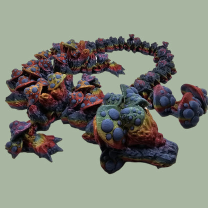 3D printed articulated dragon with mushroom details along the body