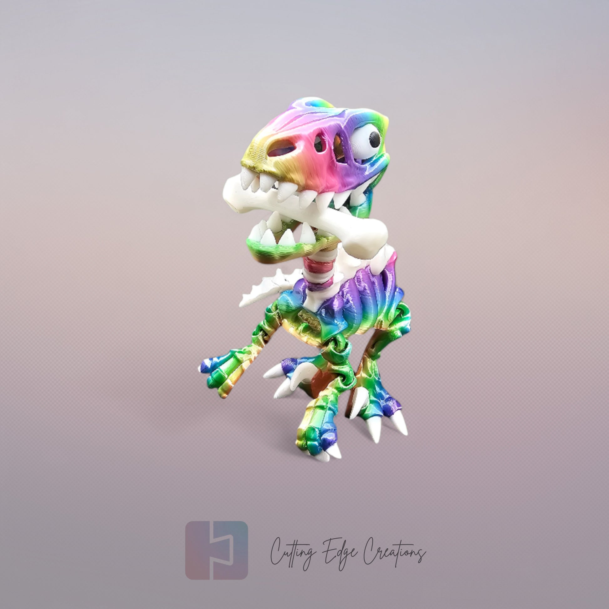 3D-printed rainbow and white skeletal velociraptor flexi toy with articulated joints, opening jaw, and bone accessory. Poseable dinosaur figure, 14cm tall, printed in the UK