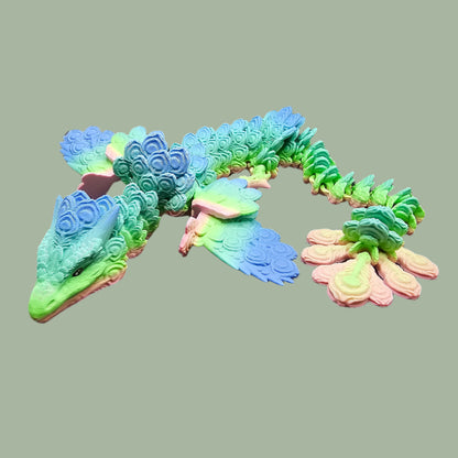 3D-printed Peacock Dragon figurine in pastel rainbow colours, featuring intricate feather-like scales and an articulated body. Handmade in the UK, available in medium, large, and X-large, with or without wings. A stunning, poseable dragon perfect for collectors and fantasy lovers