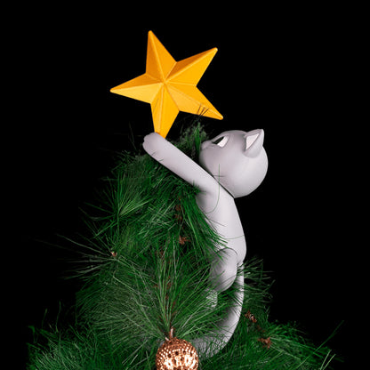 Naughty Cat Tree Topper – Mischievous Christmas Cat Stealing the Star (28cm)