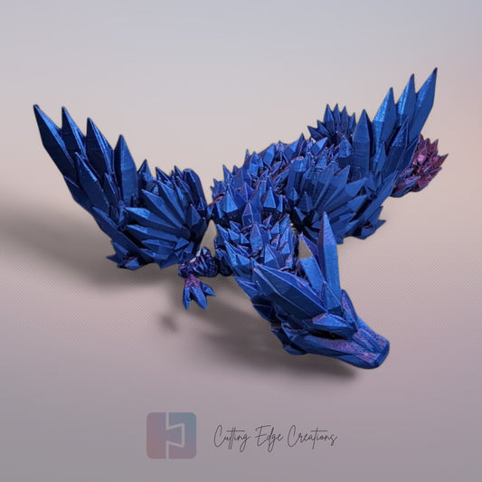 3D printed articulated Crystal Wing Dragon, flexible toy, handmade in the UK, desk fidget and gift.