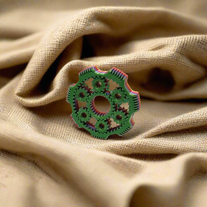 3D printed gear spinner fidget toy in multicolour filament with interlocking moving gears