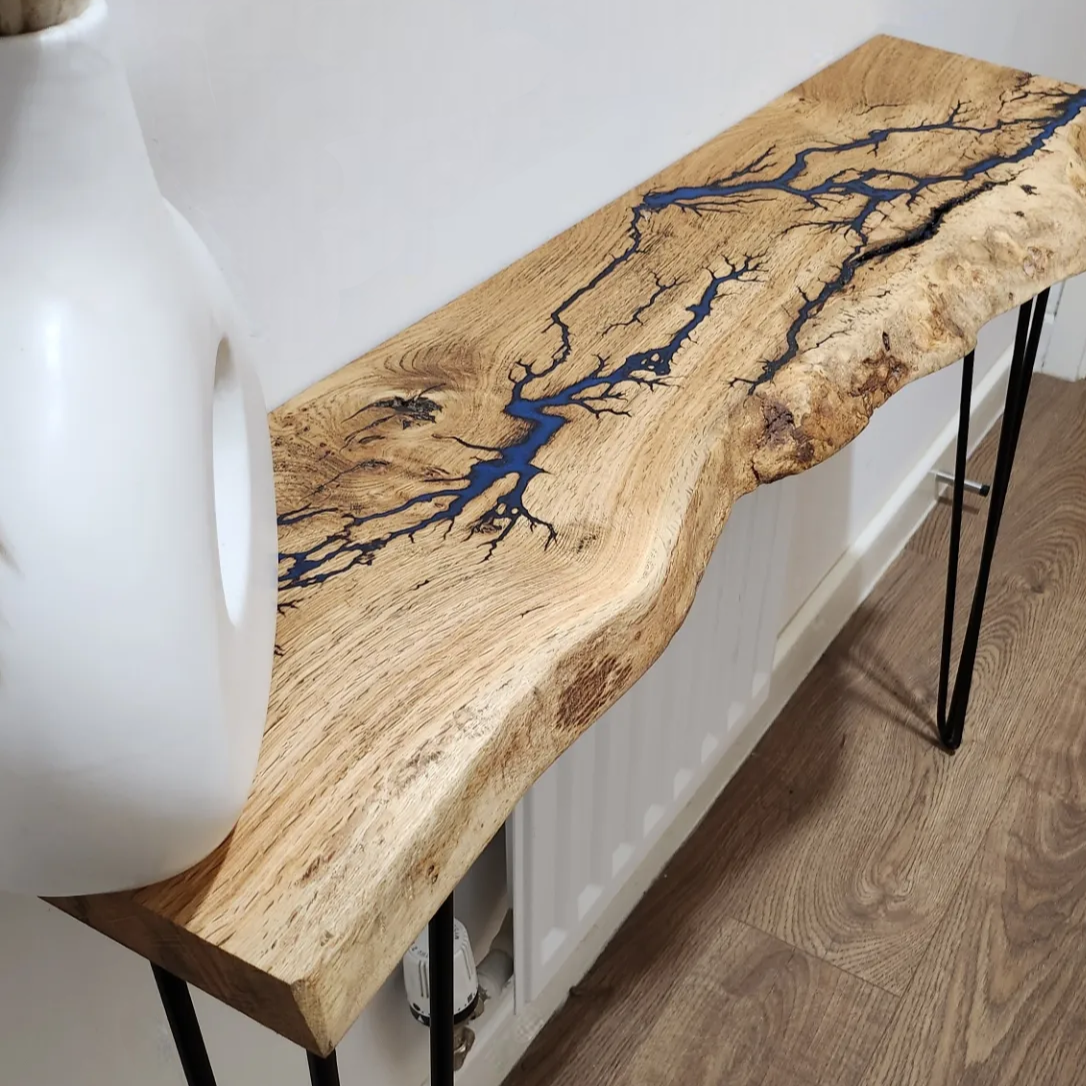 Resin Lichtenberg Figure Live Edge Oak Table Standard Depth with Hairpin Legs