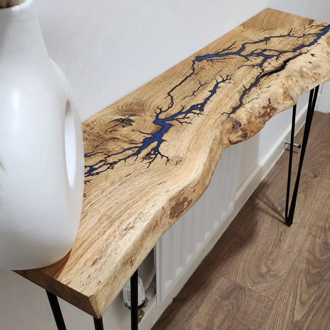 Resin Lichtenberg Figure Live Edge Oak Table Standard Depth with Hairpin Legs