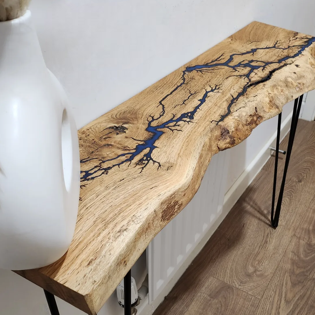 Resin Lichtenberg Figure Live Edge Oak Console Table Slimline Depth with Hairpin Legs