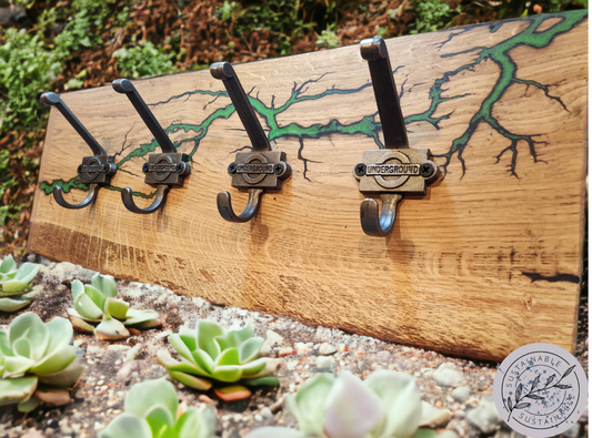 Resin Lichtenberg Figure Live Edge Oak Coat Rack With Union Flag Cast/London Underground Hooks