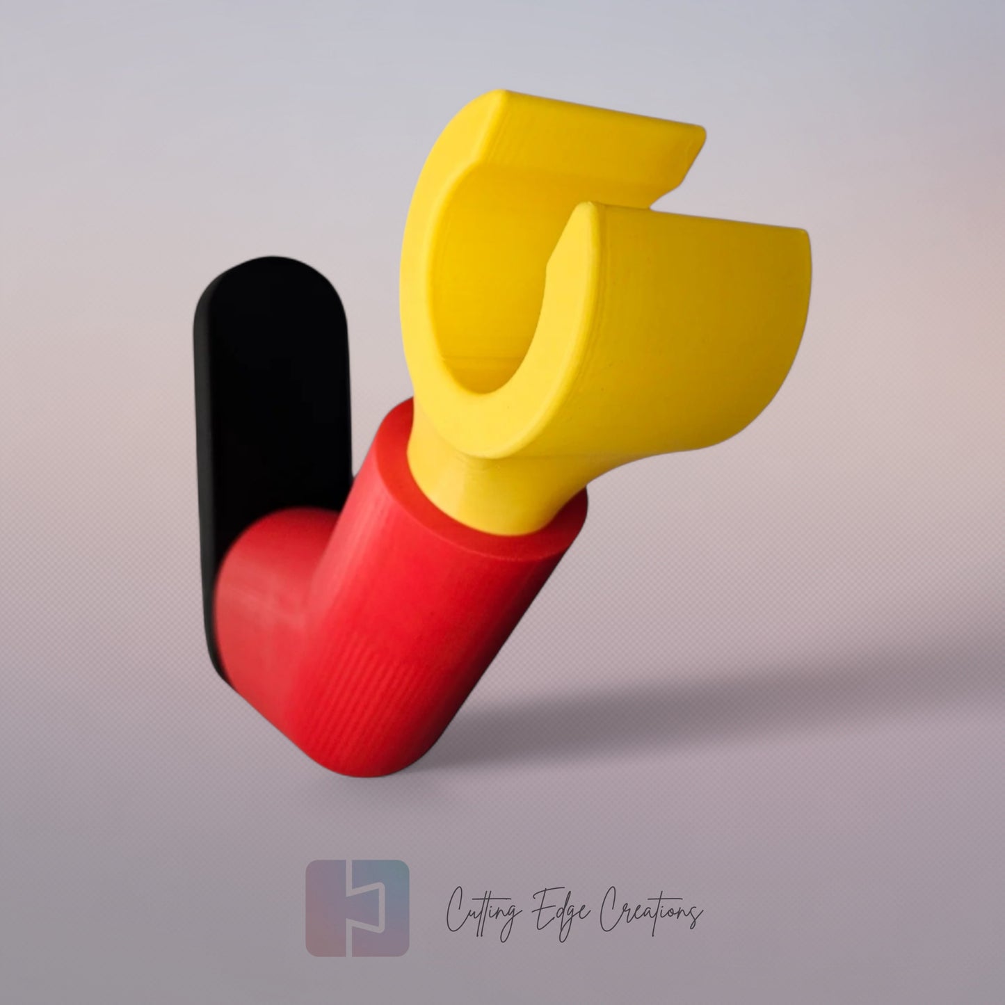 3D printed block style arm in various colours, with black base for wall or freestanding mounting, with chunky yellow hand to hold headphones or coats
