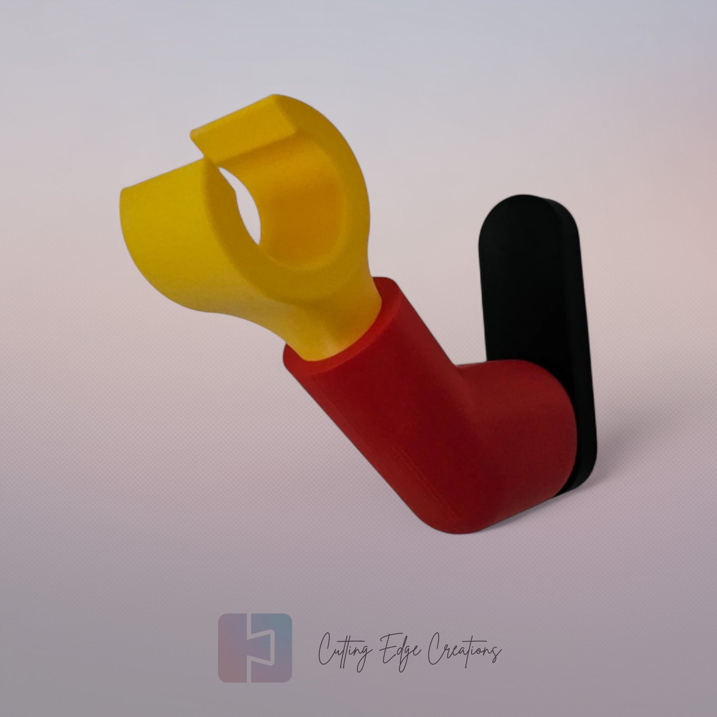 3D printed block style arm in various colours, with black base for wall or freestanding mounting, with chunky yellow hand to hold headphones or coats