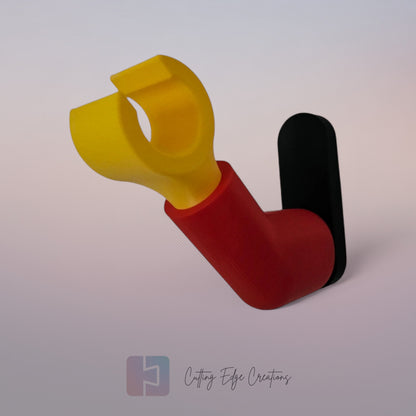 3D printed block style arm in various colours, with black base for wall or freestanding mounting, with chunky yellow hand to hold headphones or coats