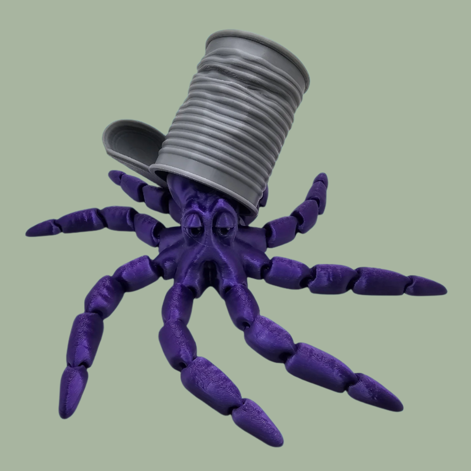 3D printed articulated purple octopus with removeable tin can hat