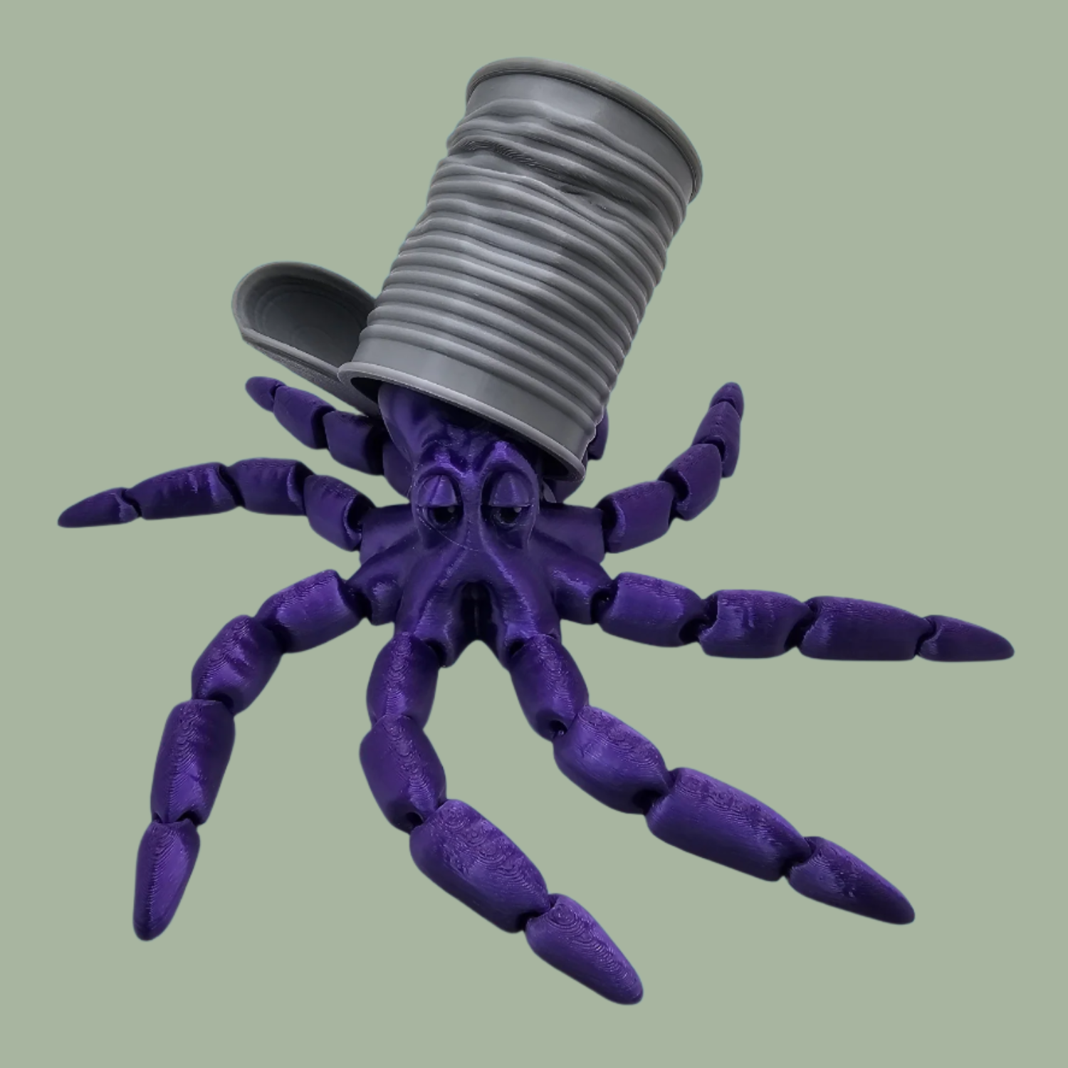 3D printed articulated purple octopus with removeable tin can hat