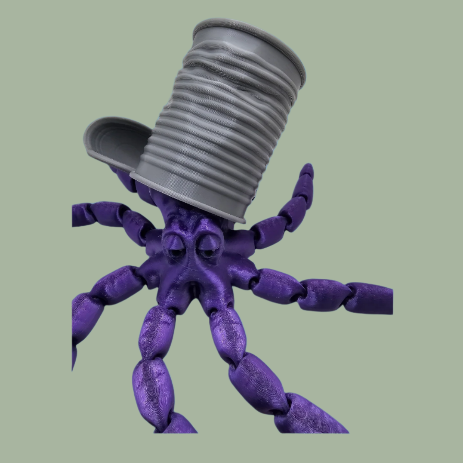 3D printed articulated purple octopus with removeable tin can hat