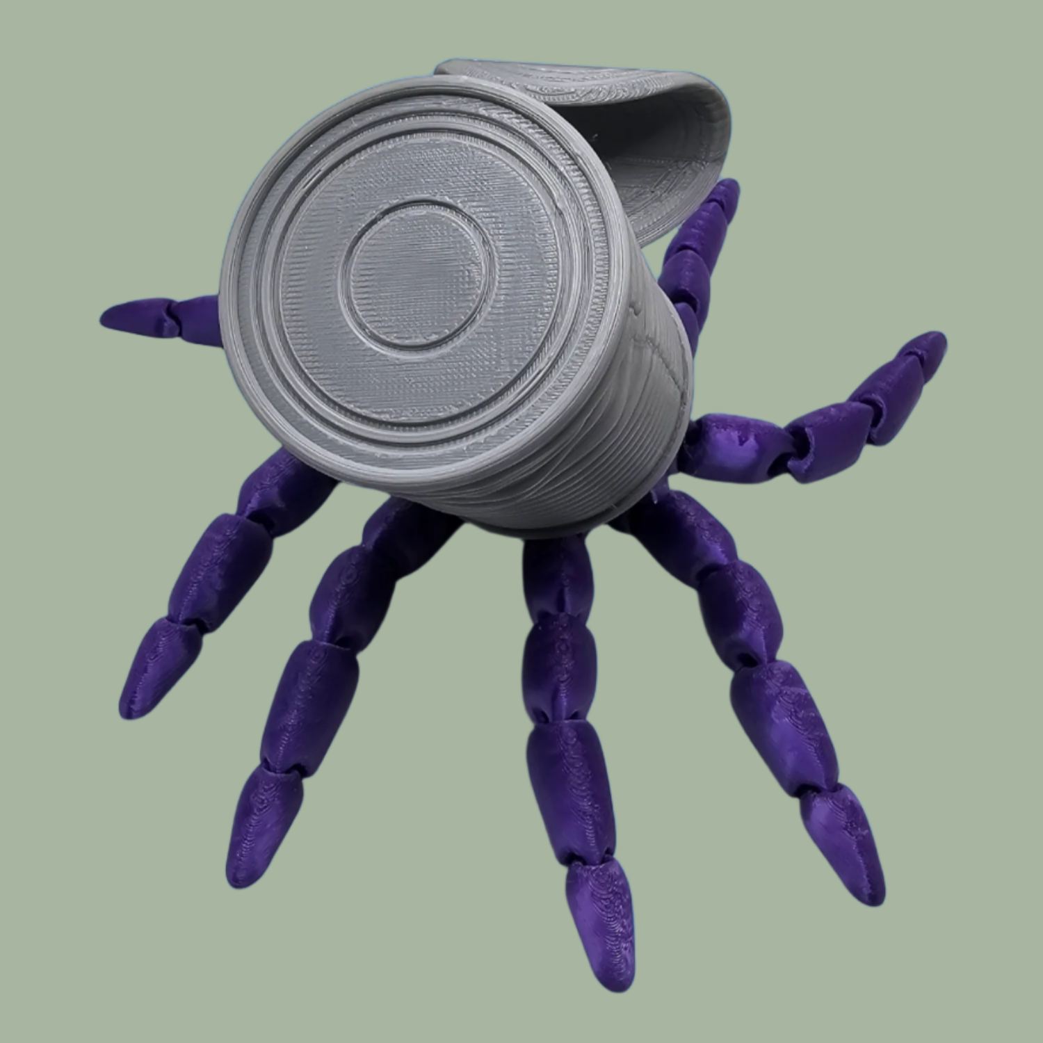 3D printed articulated purple octopus with removeable tin can hat