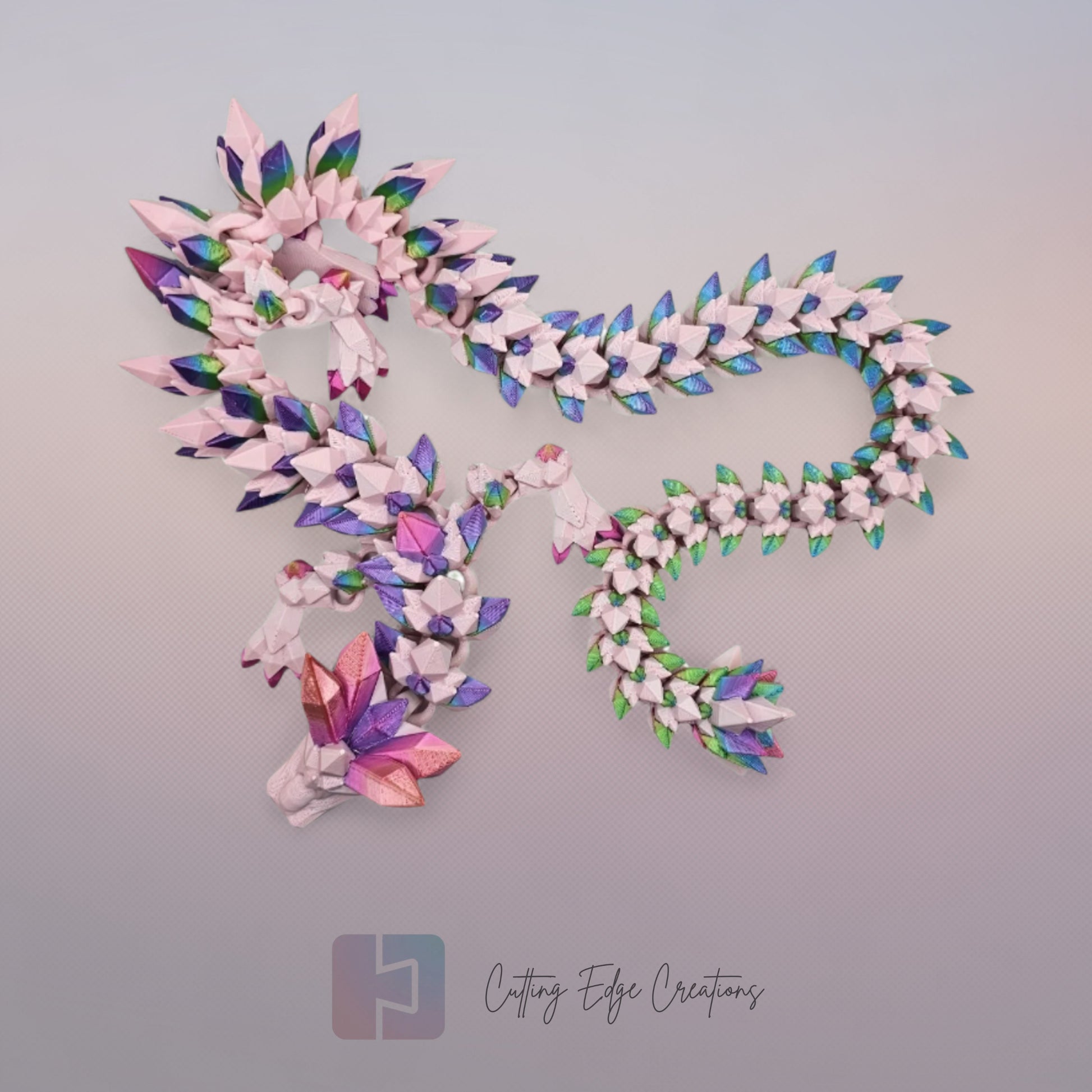 3D printed articulated Crystal Dragon V2, flexible toy, handmade in the UK, desk fidget and gift.