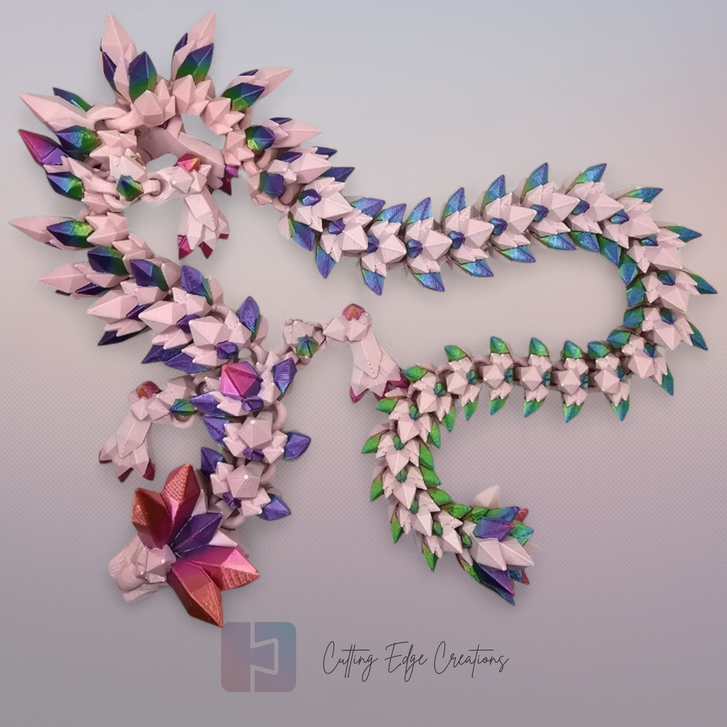 3D printed articulated Crystal Dragon V2, flexible toy, handmade in the UK, desk fidget and gift.