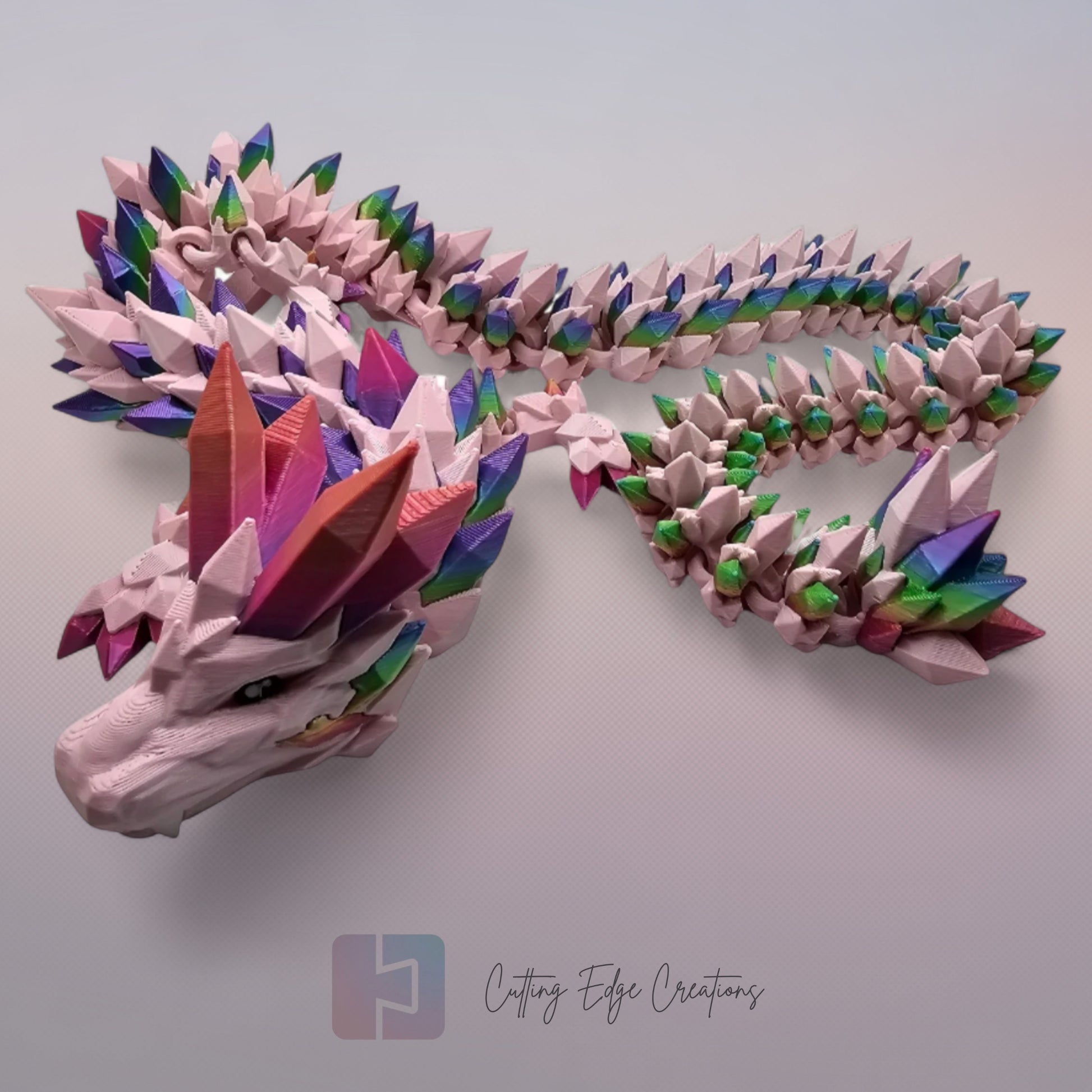 3D printed articulated Crystal Dragon V2, flexible toy, handmade in the UK, desk fidget and gift.