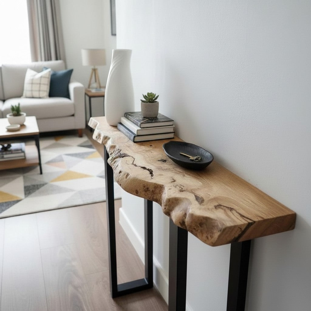 Solid oak entryway table live edge wood console table with square black legs