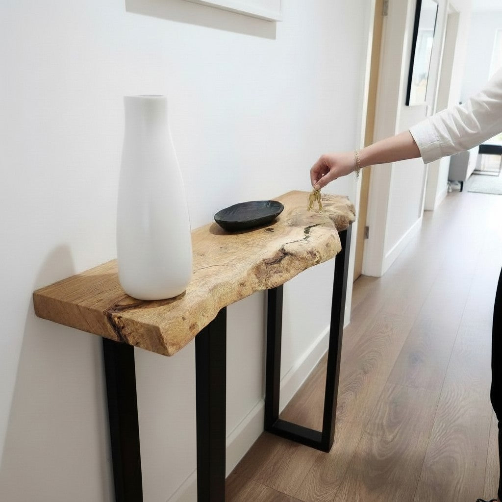 Solid oak entryway table live edge wood console table with square black legs