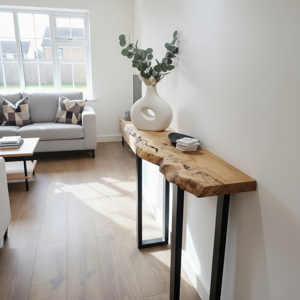 Solid oak entryway table live edge wood console table with square black legs