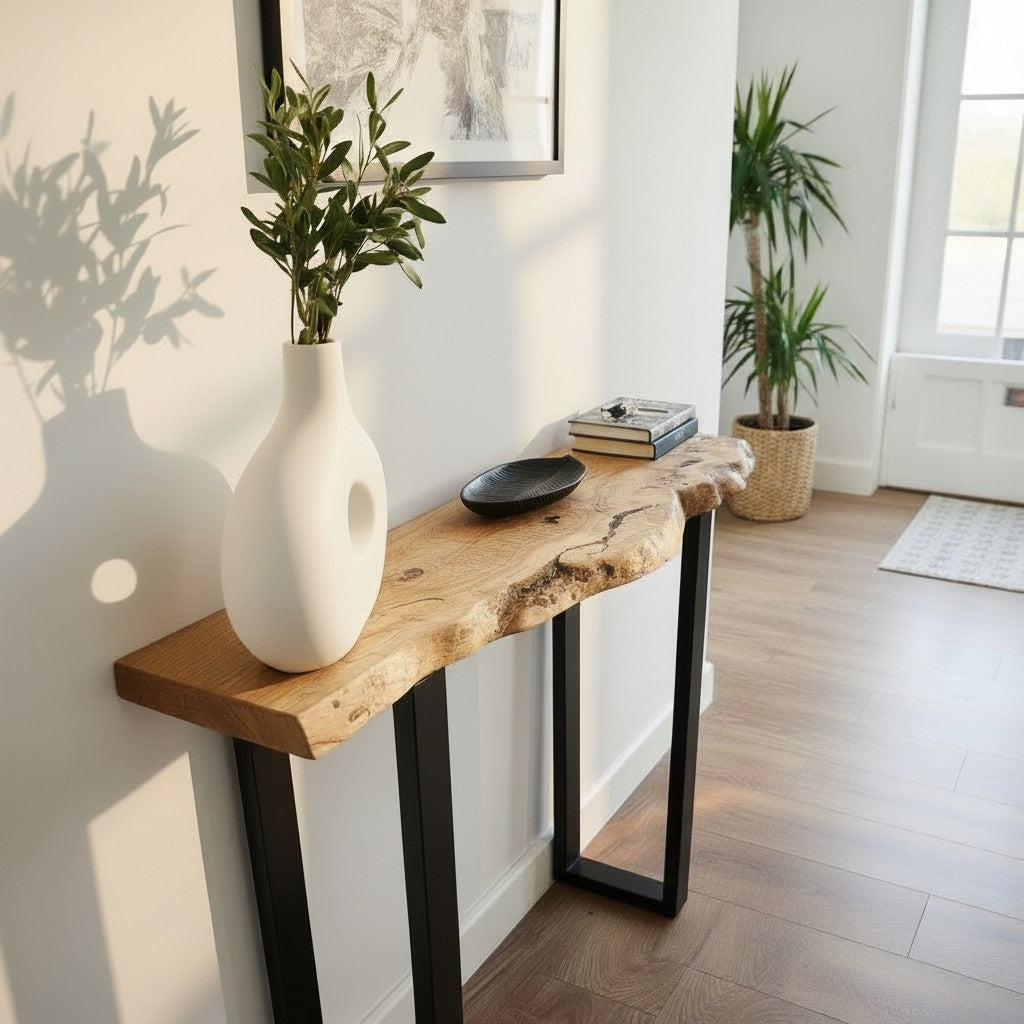 Solid oak entryway table live edge wood console table with square black legs