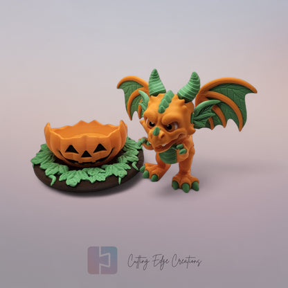 Pumpkin Dragon: “3D-printed Pumpkin Dragon, Halloween desk décor with carved pumpkin design and articulated body, collectible fantasy gift
