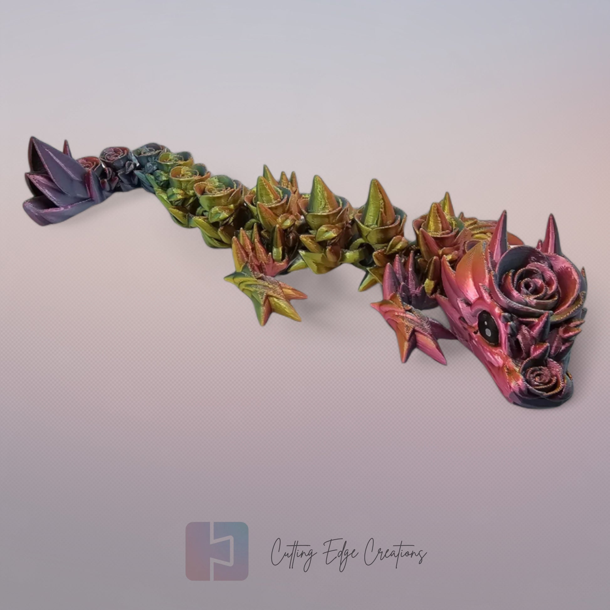 3D printed articulated Rose Dragon, flexible toy, handmade in the UK, desk fidget and gift.